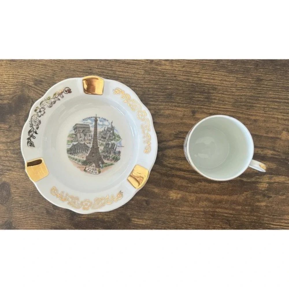2-PC Vintage Limoges‎ France Souvenir De Paris Porcelain Espresso Cup & Ashtray
